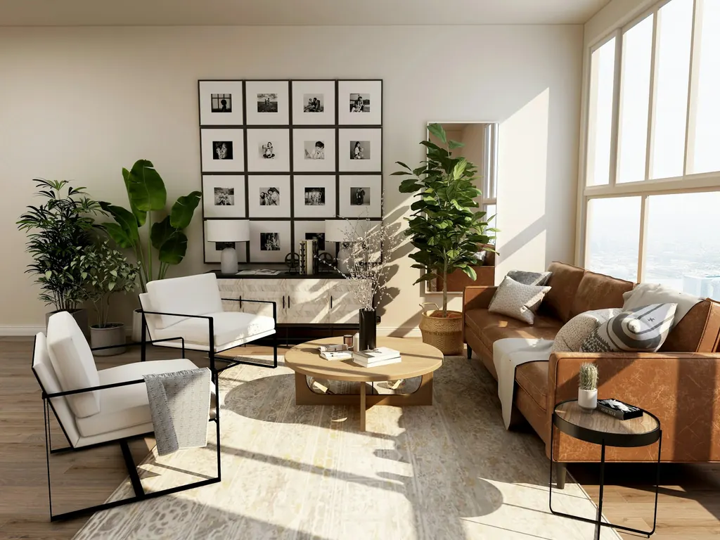 Bright living room with large windows and leather sofa