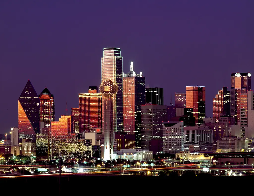 Downtown Dallas skyline lit up at night