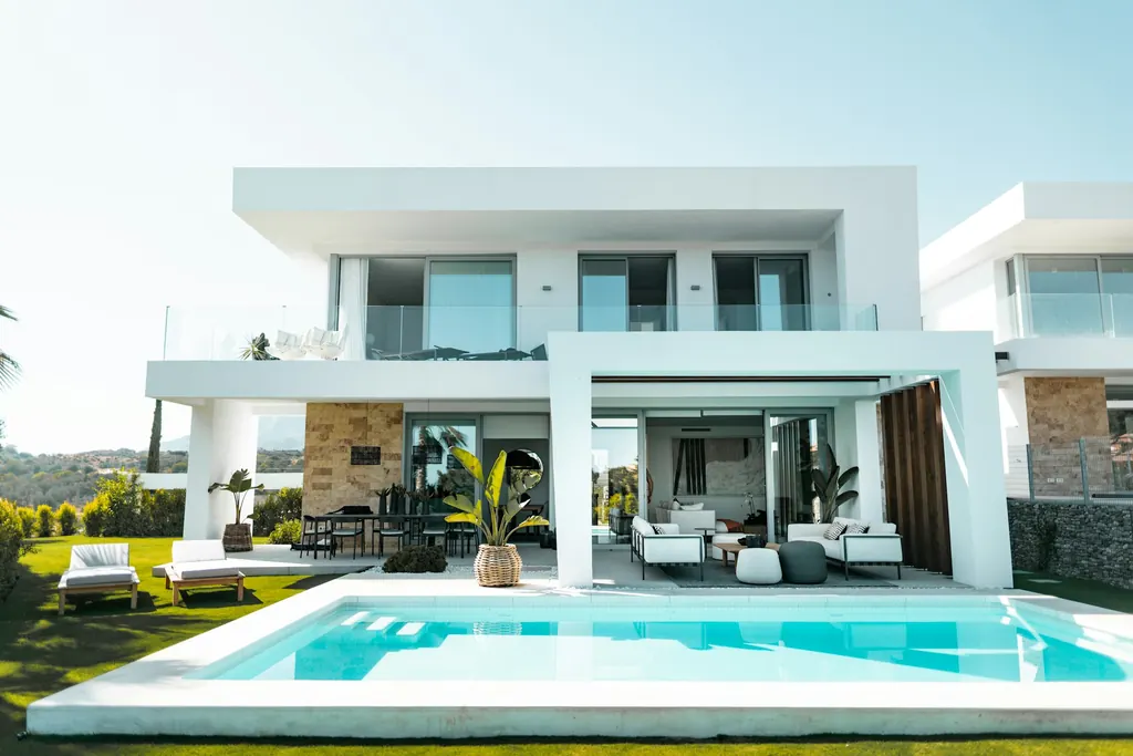 White modern home with a pool and outdoor lounge